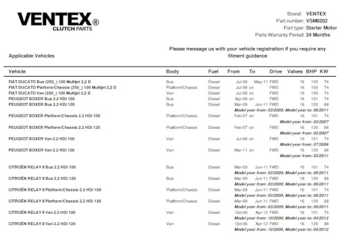 VENTEX® Starter Motor for Ford Transit 2.2 2.4 TDCi 2006-2014 Land Rover Defender Fiat Ducato Peugeot Boxer Citroen Relay VSM8202A