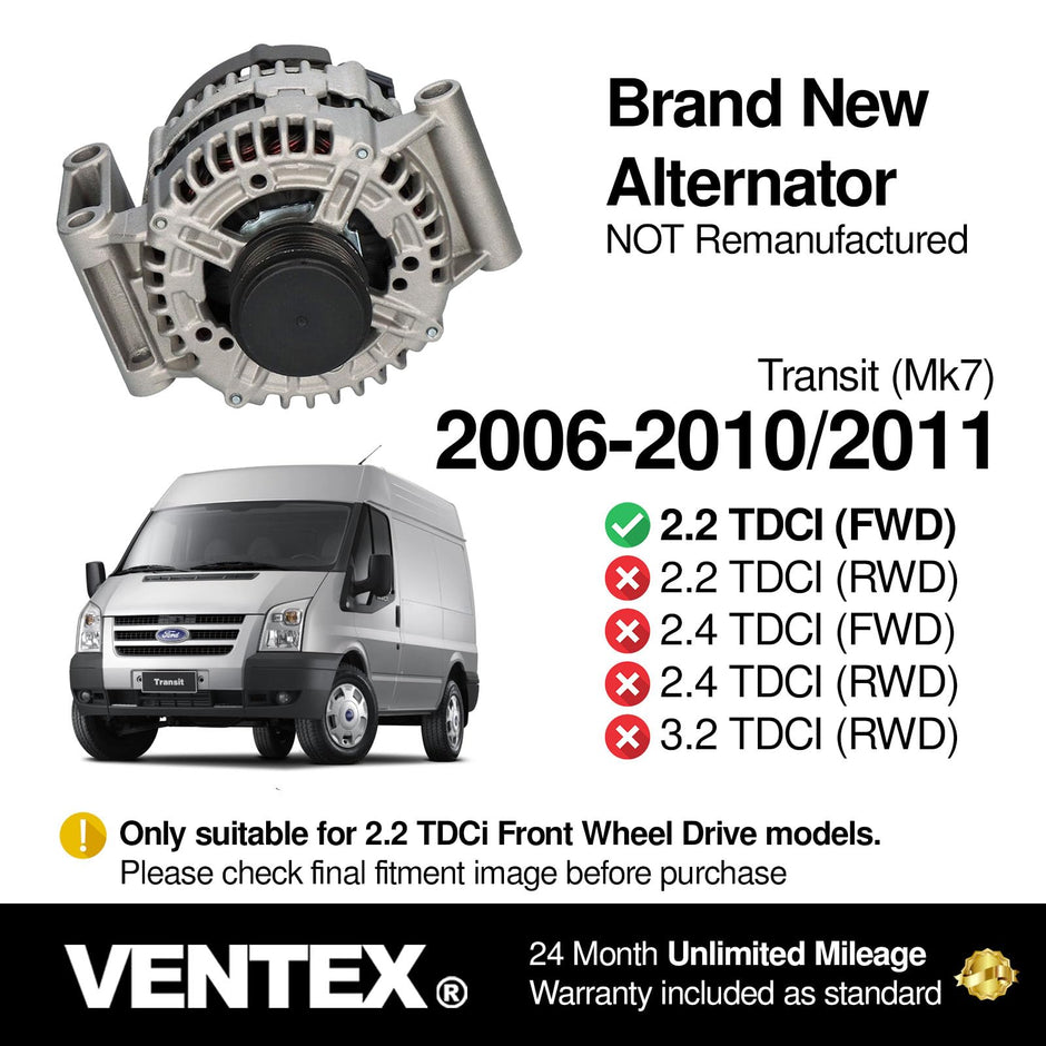 VENTEX® Alternator for Ford Transit 2.2 TDCi FWD Mk7 2006-2010 Peugeot Boxer Citroen Relay Fiat Ducato 2006-2015 VTN1104A