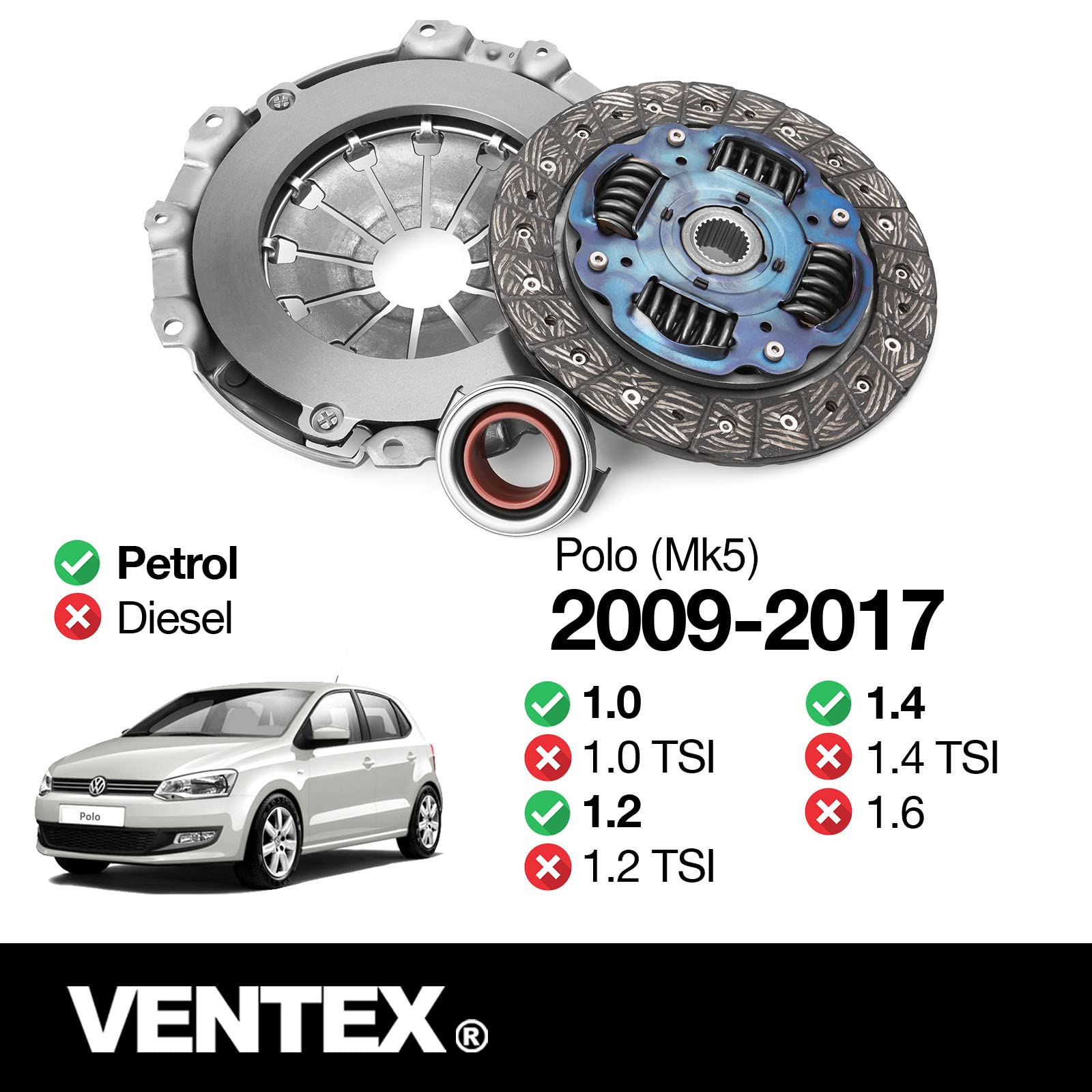 VENTEX® Clutch Kit for VW Seat Skoda Polo Up Beetle Ibiza Leon 1.0 1.2 1.4 petrol VXC2608A