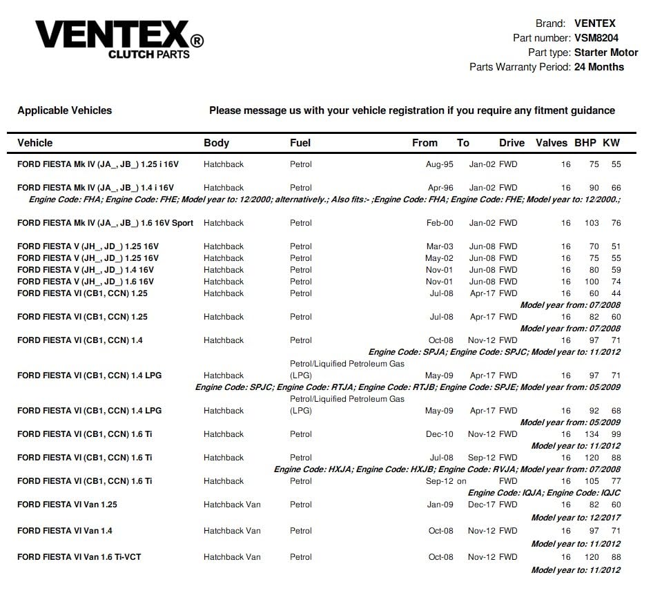 VENTEX® Starter Motor for Ford petrol 1.25 1.4 1.6 Fiesta Focus B-Max C-Max Ecosport Mondeo + Volvo C30 S40 V50 VSM8204A