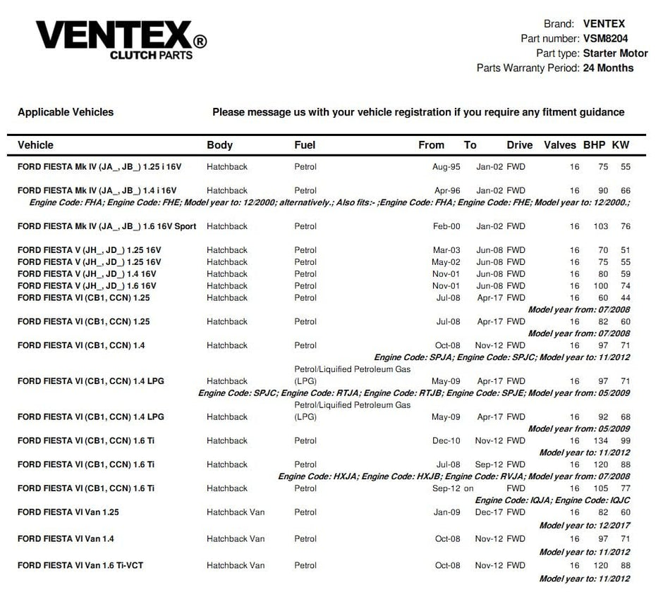 VENTEX® Starter Motor for Ford petrol 1.25 1.4 1.6 Fiesta Focus B-Max C-Max Ecosport Mondeo + Volvo C30 S40 V50 VSM8204A