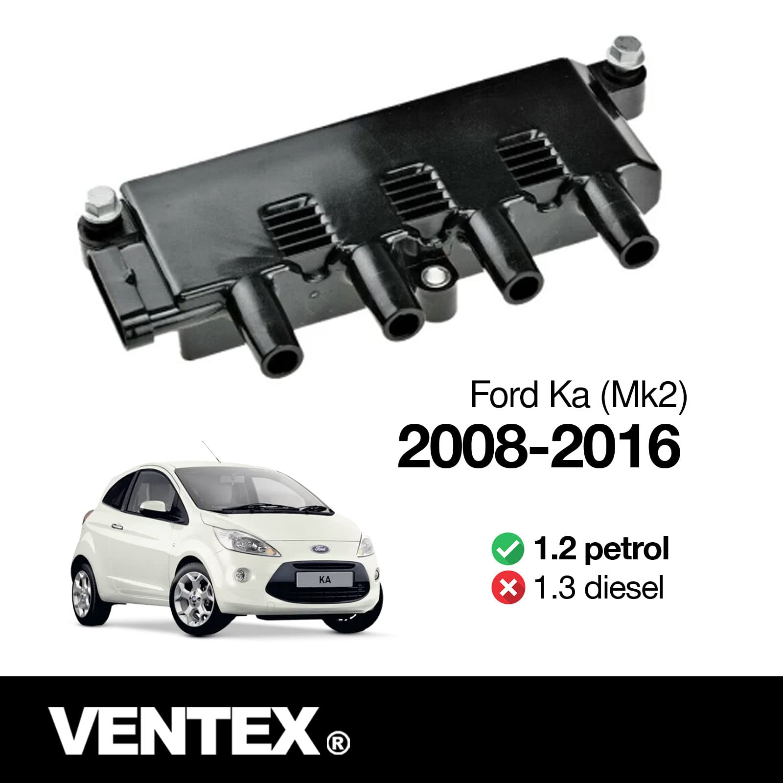 VENTEX® Ignition Coil Pack for Fiat 500 Punto Ford Ka 1.2 1.4 8V including bolts VXS1703A