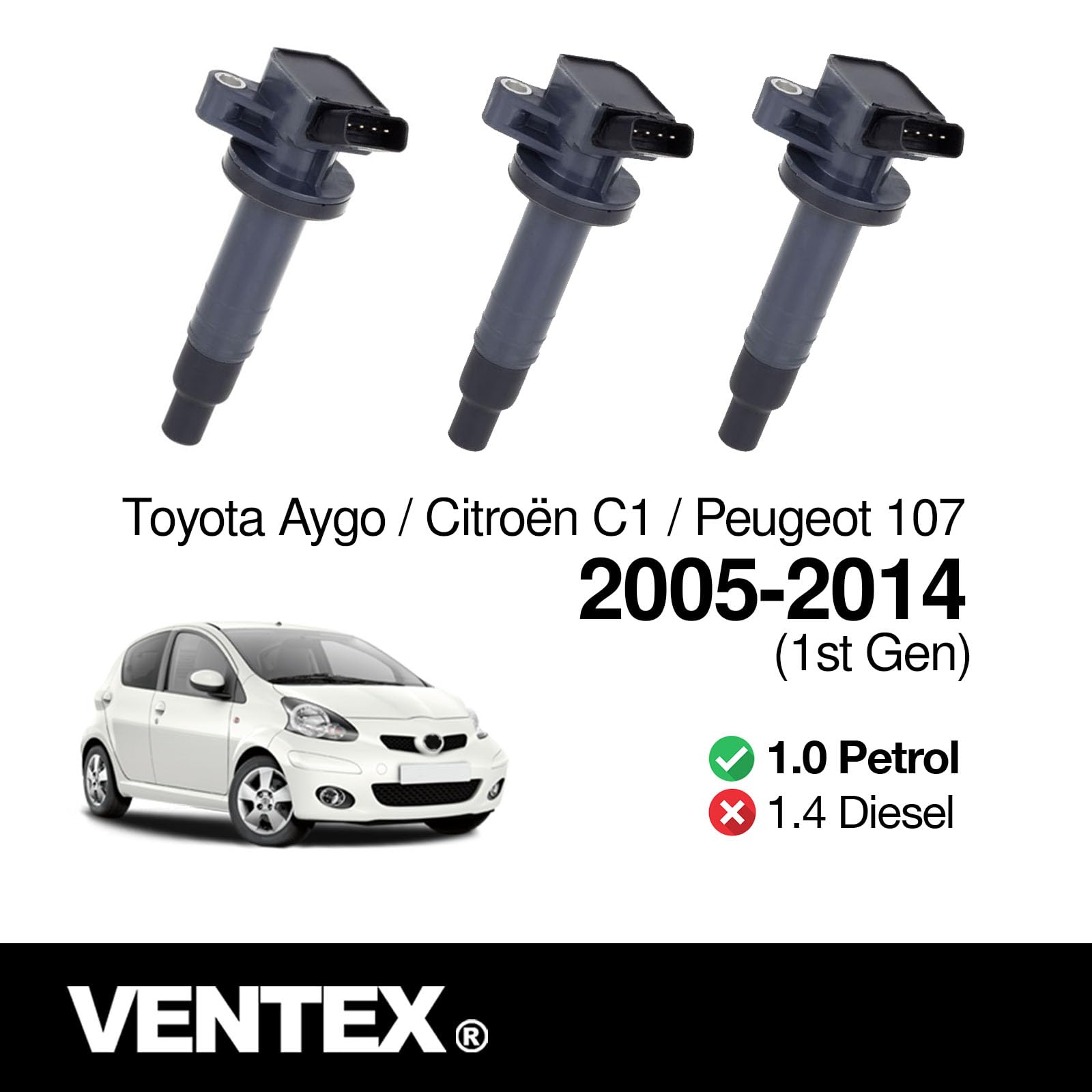 VENTEX® Ignition Coil Pack x3 for Toyota Aygo Yaris Citroen C1 Peugeot 107 1.0 petrol VXS1705SETOF3A