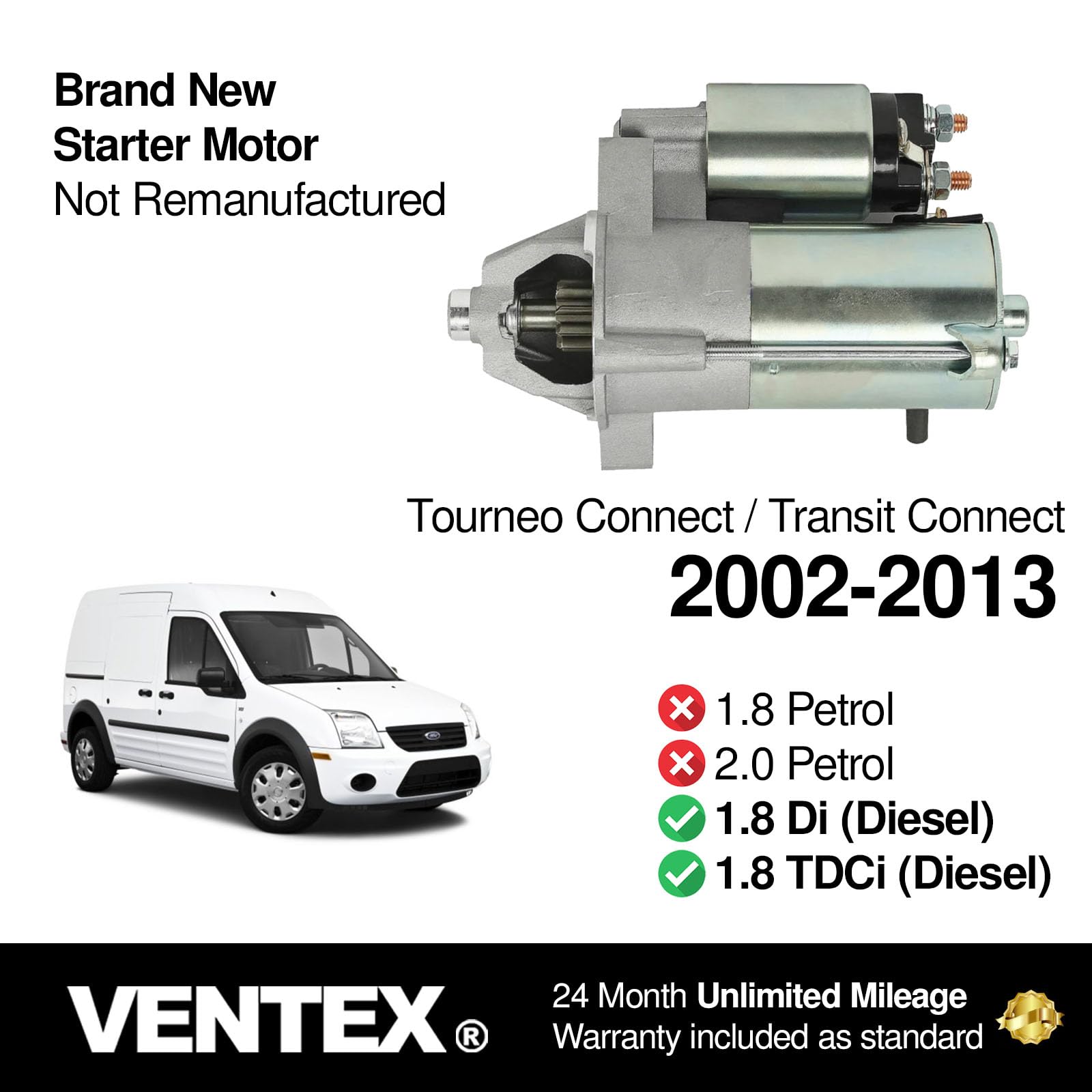 VENTEX® Starter Motor for Ford Transit Connect 1.8 TDCi Di 2002-2013 VSM8206A