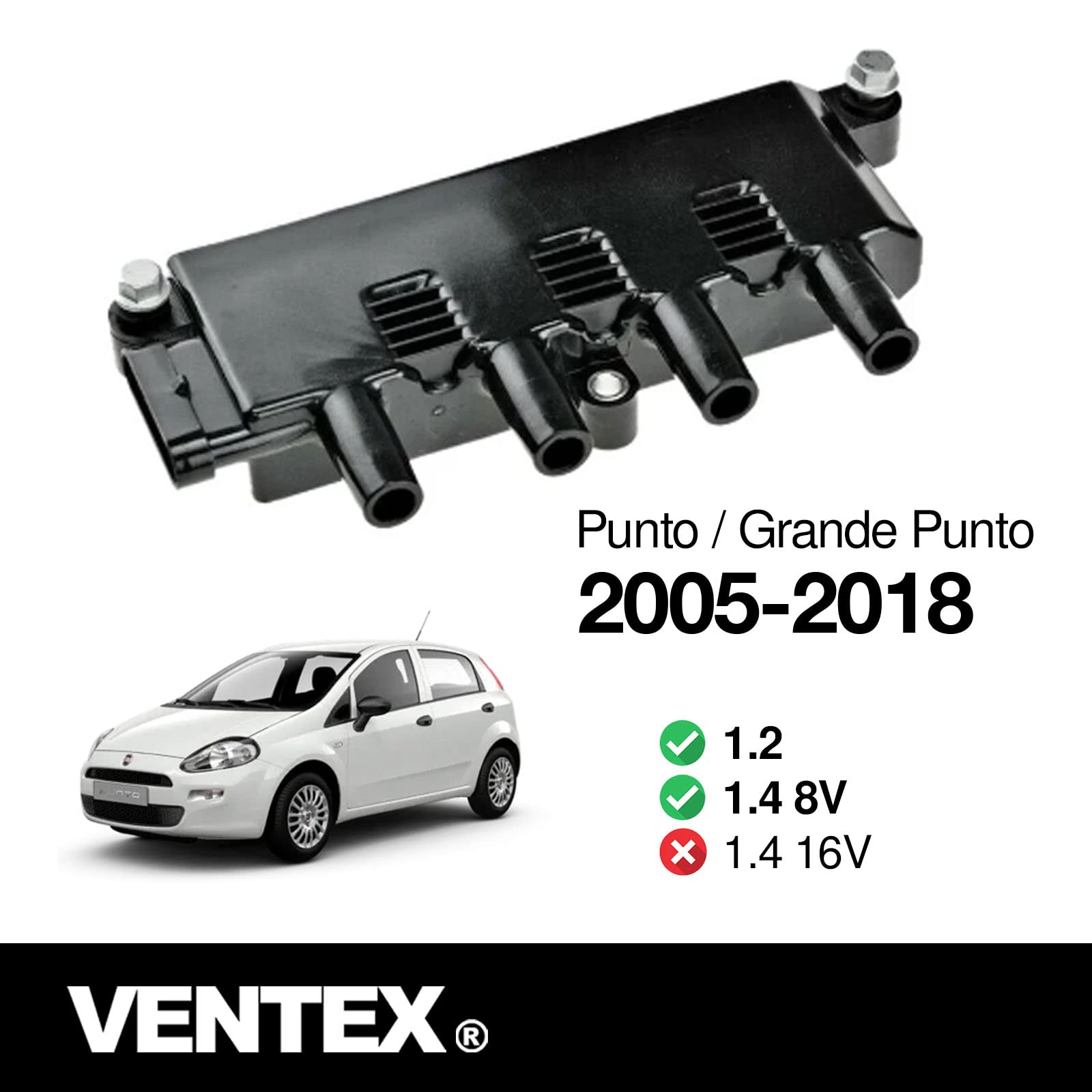 VENTEX® Ignition Coil Pack for Fiat 500 Punto Ford Ka 1.2 1.4 8V including bolts VXS1703A