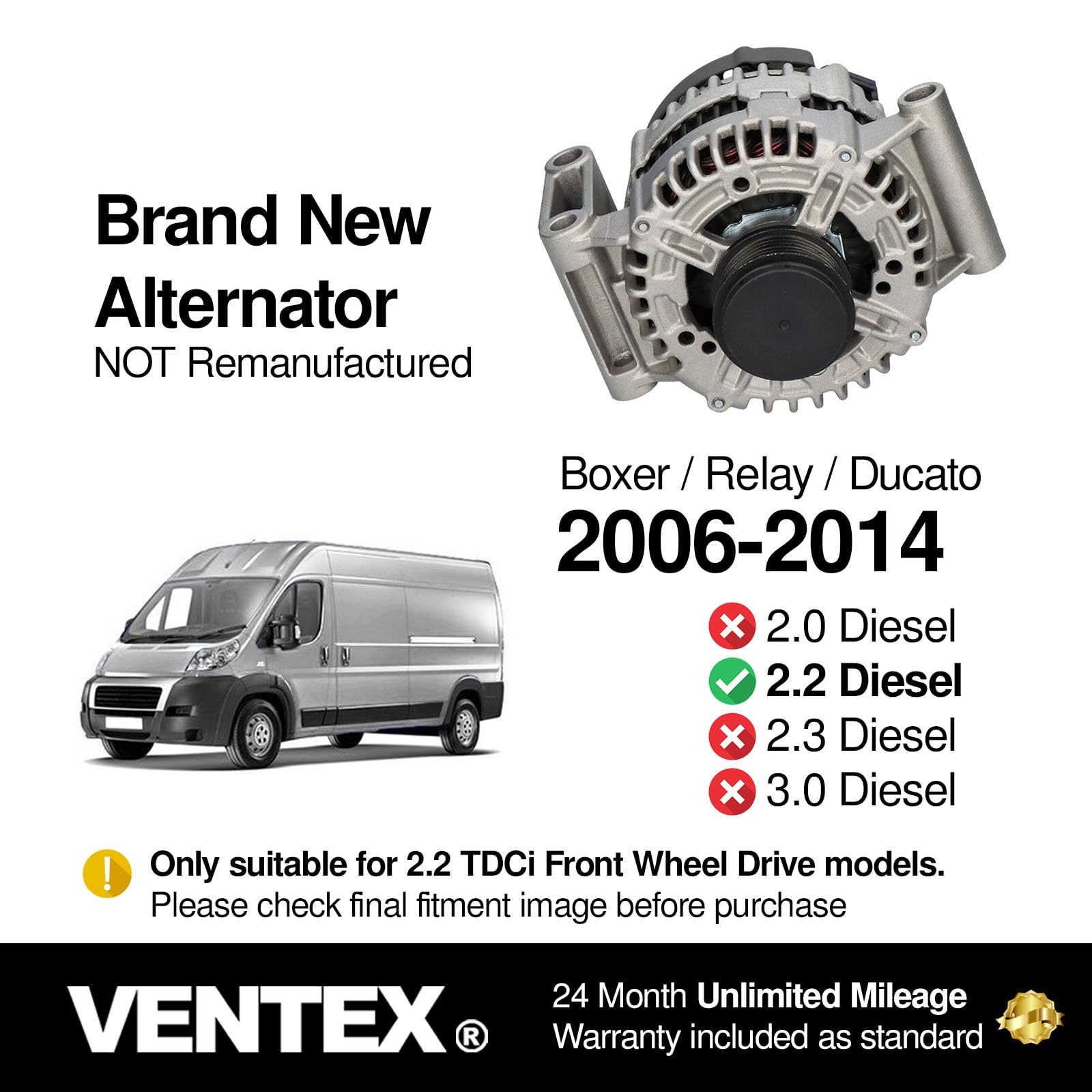 VENTEX® Alternator for Ford Transit 2.2 TDCi FWD Mk7 2006-2010 Peugeot Boxer Citroen Relay Fiat Ducato 2006-2015 VTN1104A