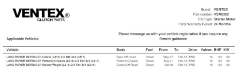 VENTEX® Starter Motor for Ford Transit 2.2 2.4 TDCi 2006-2014 Land Rover Defender Fiat Ducato Peugeot Boxer Citroen Relay VSM8202A