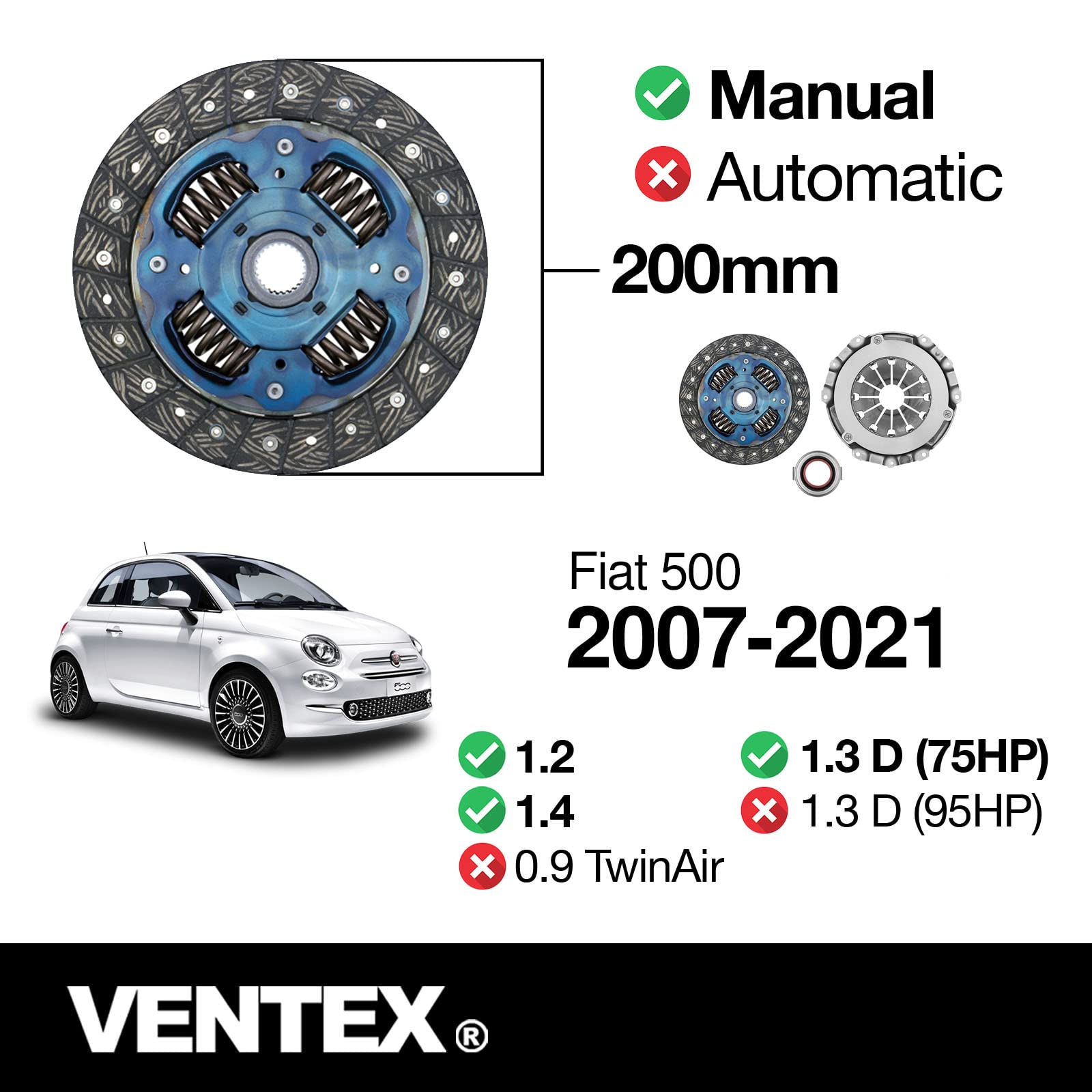 VENTEX® Clutch Kit for Fiat 500 Ford Ka mk2 1.2 1.4 petrol VXC2602A