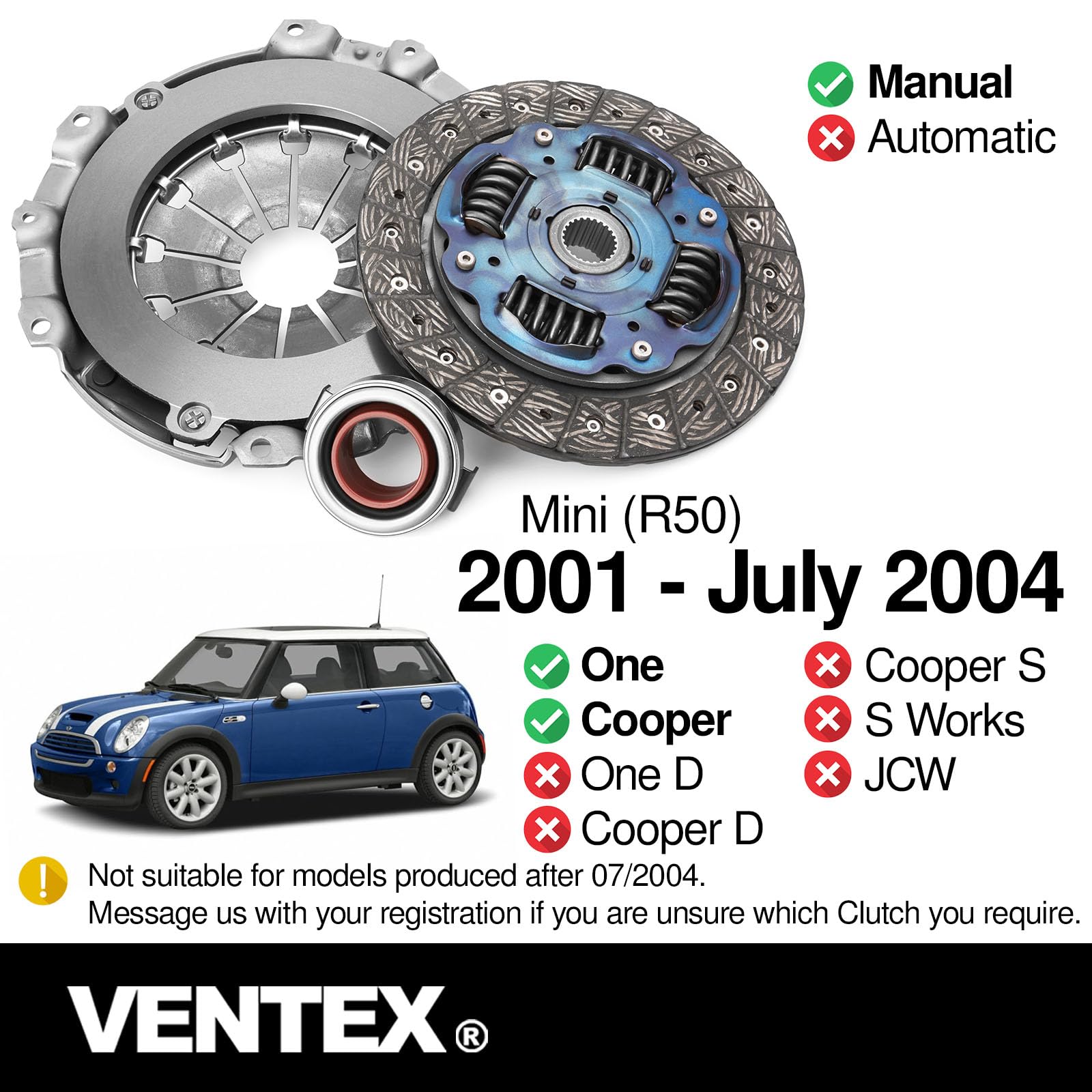 VENTEX® Clutch Kit for Mini R50 One Cooper 2001 - July 2004 petrol Midlands VXC2614A