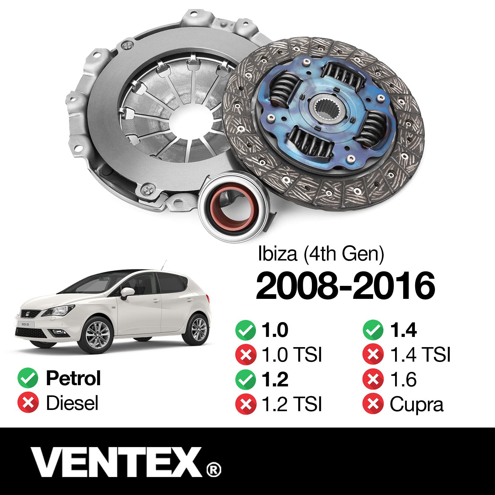 VENTEX® Clutch Kit for VW Seat Skoda Polo Up Beetle Ibiza Leon 1.0 1.2 1.4 petrol VXC2608A