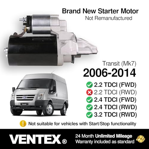 VENTEX® Starter Motor for Ford Transit 2.2 2.4 TDCi 2006-2014 Land Rover Defender Fiat Ducato Peugeot Boxer Citroen Relay VSM8202A