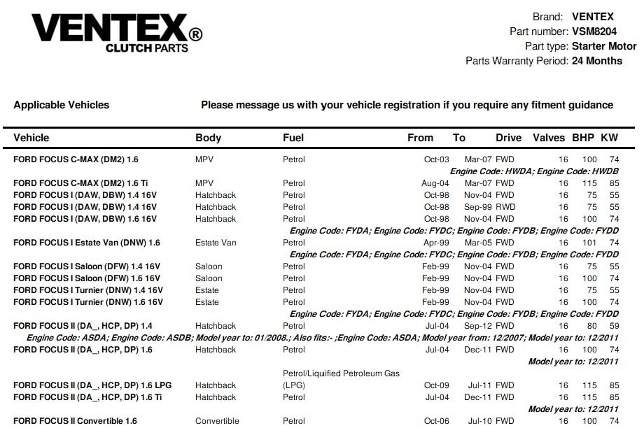 VENTEX® Starter Motor for Ford petrol 1.25 1.4 1.6 Fiesta Focus B-Max C-Max Ecosport Mondeo + Volvo C30 S40 V50 VSM8204A