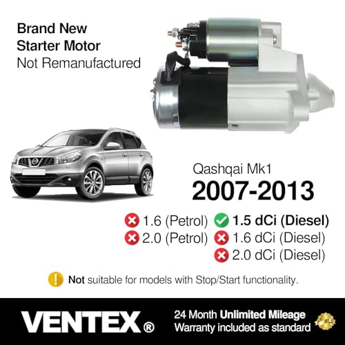 VENTEX® Starter Motor for Nissan Qashqai Juke Note 1.5 dCi 2007-2013 Renault Clio Megane 1.5 dCi Diesel Kadjar 2003-2024 VSM8210A