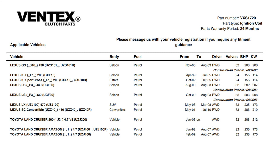 VENTEX® Ignition Coil Pack x8 VXS1720 for Lexus GS 430 LS 430 SC 430 2000-2010 VXS1720SETOF8A