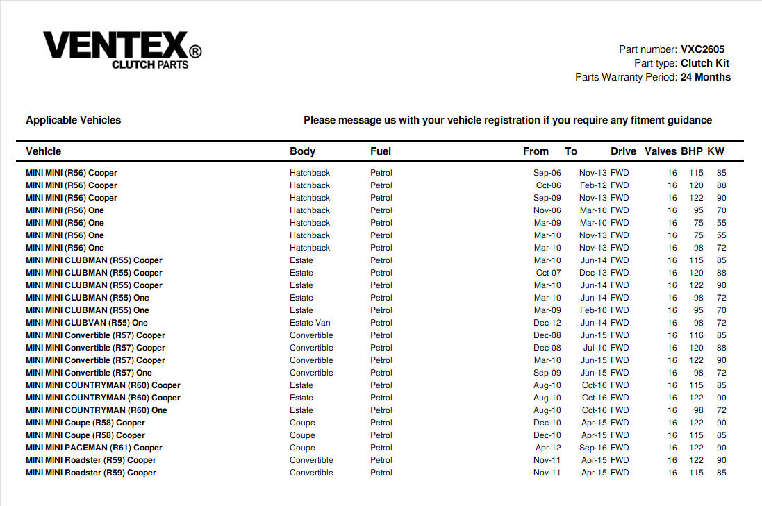 VENTEX® Clutch Kit for MINI One Cooper R56 2007-2013 1.4 1.6 petrol VXC2605A
