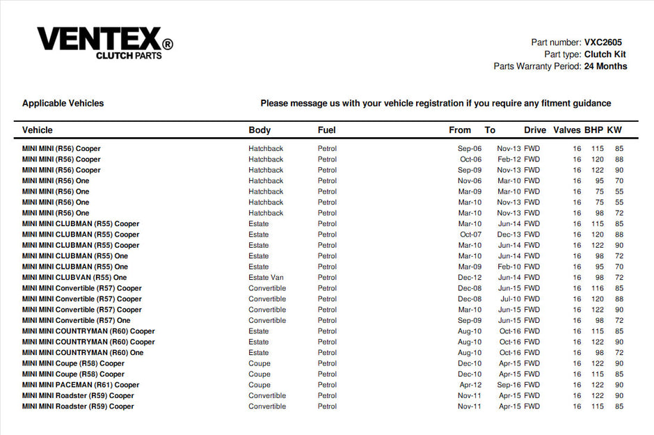 VENTEX® Clutch Kit for MINI One Cooper R56 2007-2013 1.4 1.6 petrol VXC2605A