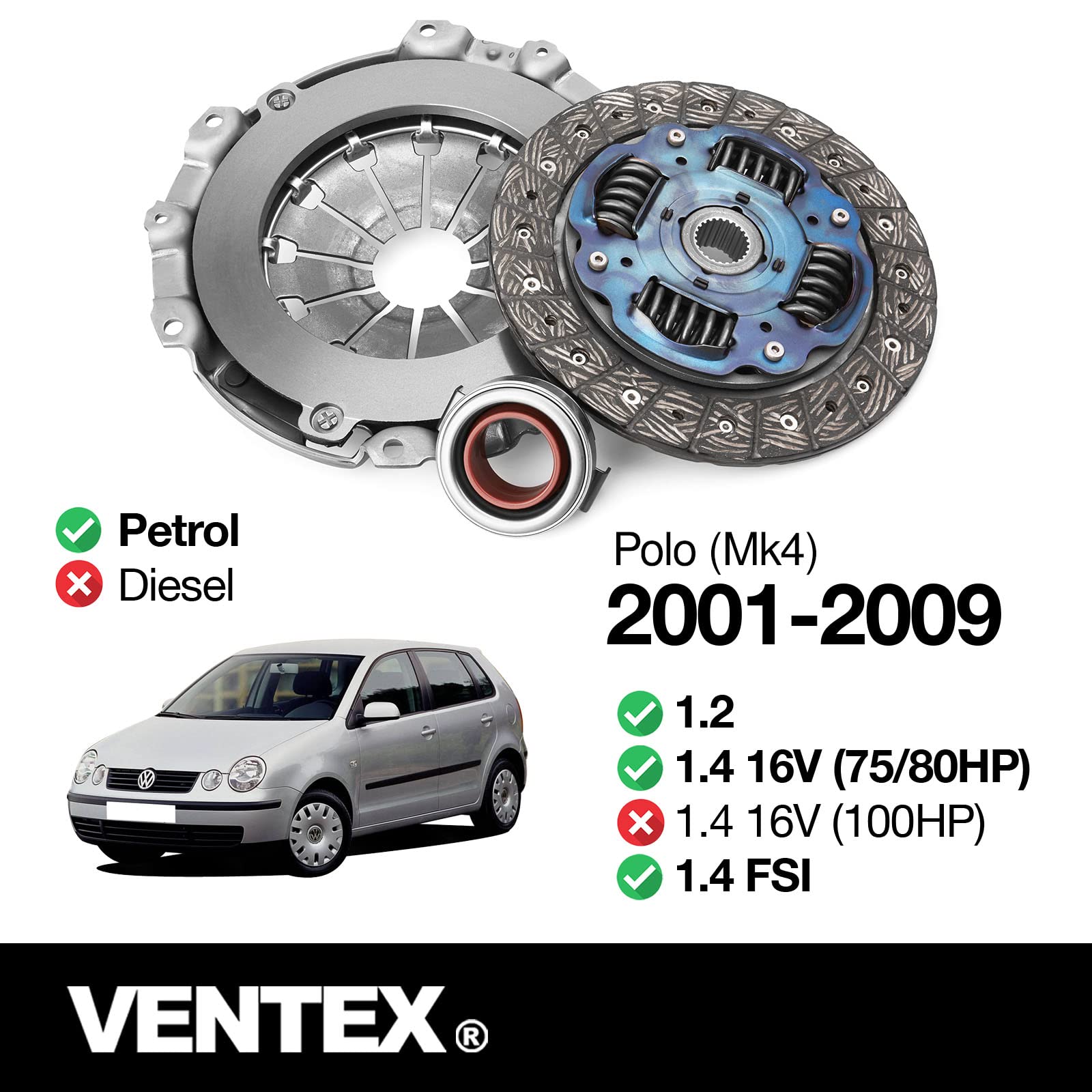 VENTEX® Clutch Kit for VW Seat Skoda Polo Up Beetle Ibiza Leon 1.0 1.2 1.4 petrol VXC2608A