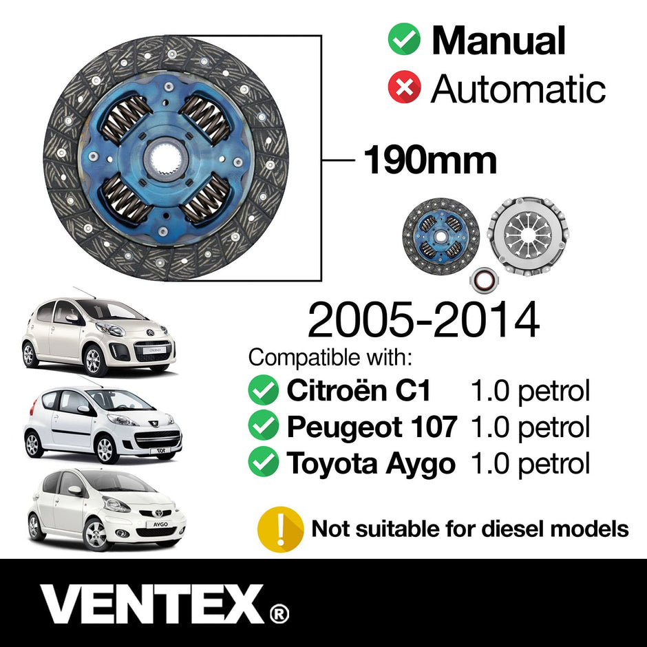 VENTEX® Clutch Kit for Toyota Aygo Peugeot 107 Citroen C1 2005-2014 1.0 petrol VXC2601A