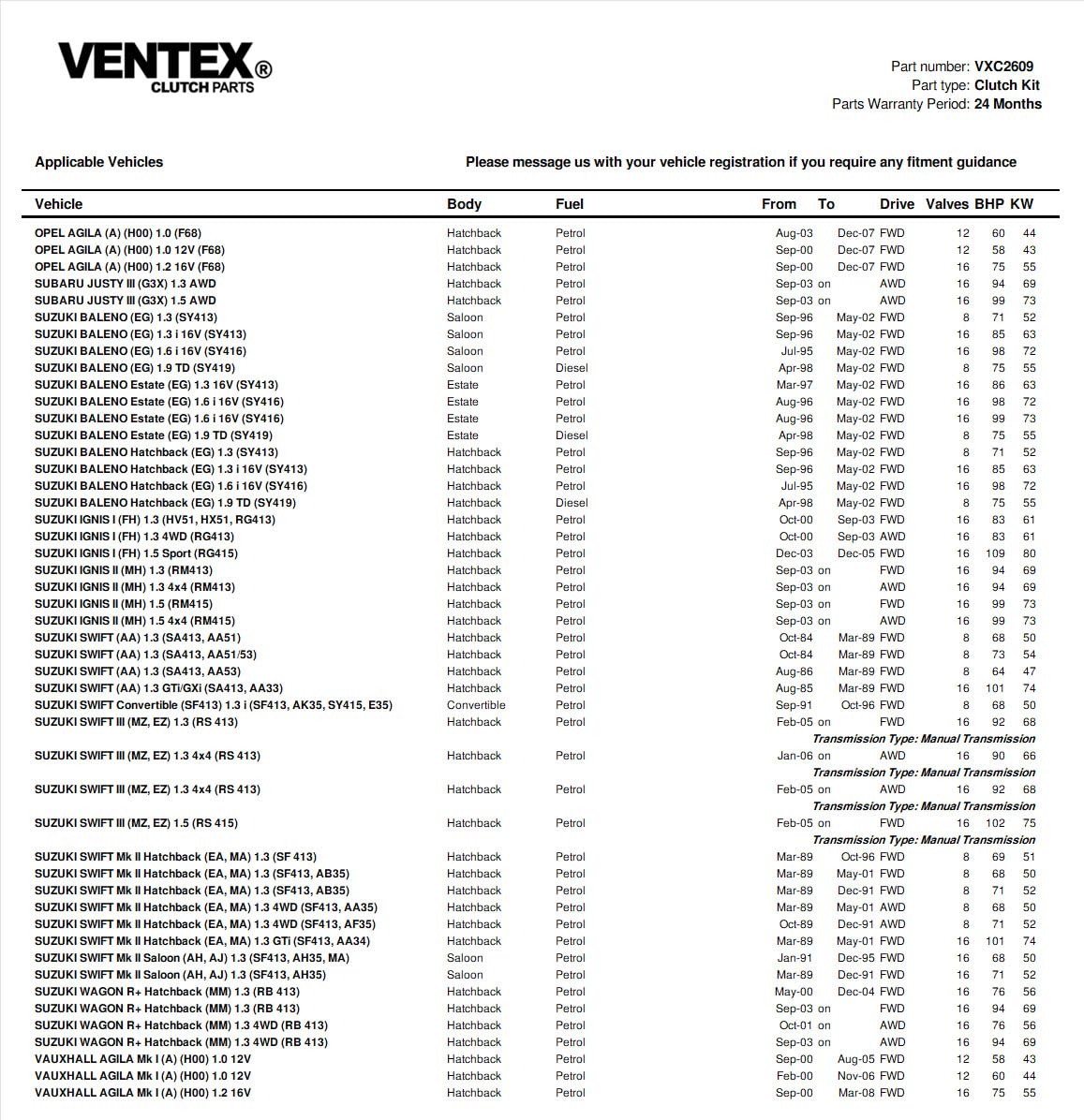 VENTEX® Clutch Kit for Suzuki Swift 1.3 1.5 petrol 2005-2009 VXC2609A