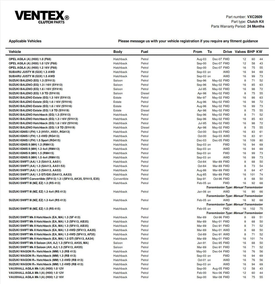 VENTEX® Clutch Kit for Suzuki Swift 1.3 1.5 petrol 2005-2009 VXC2609A