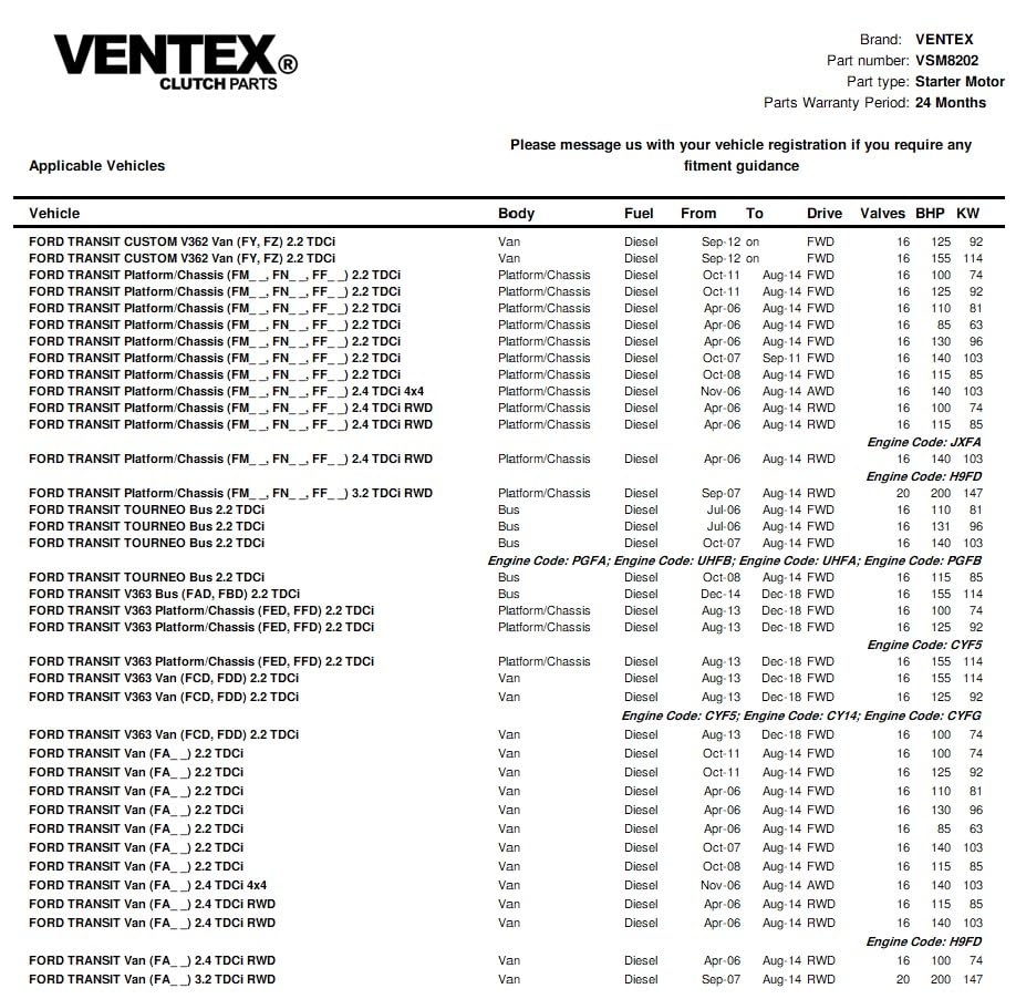 VENTEX® Starter Motor for Ford Transit 2.2 2.4 TDCi 2006-2014 Land Rover Defender Fiat Ducato Peugeot Boxer Citroen Relay VSM8202A