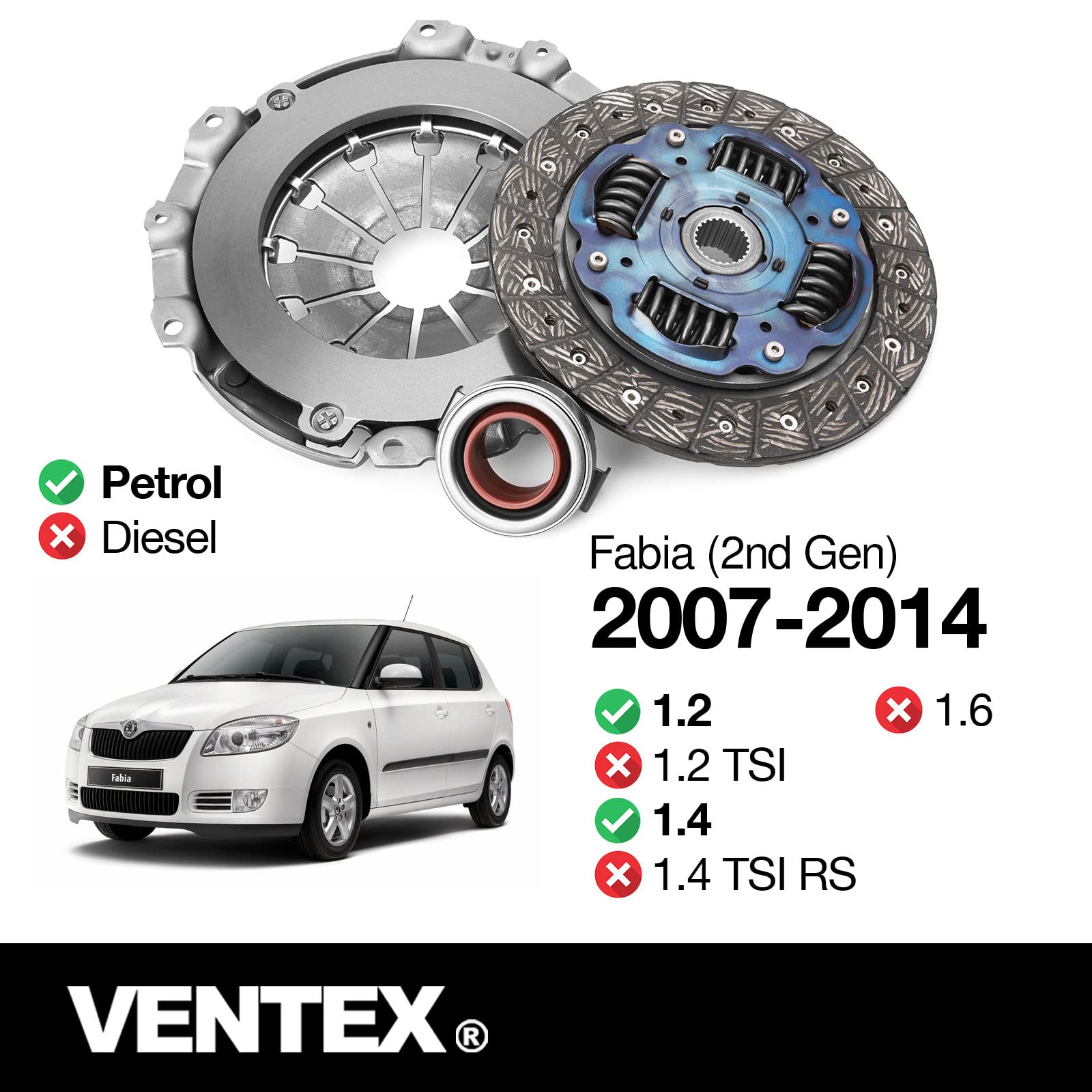 VENTEX® Clutch Kit for VW Seat Skoda Polo Up Beetle Ibiza Leon 1.0 1.2 1.4 petrol VXC2608A