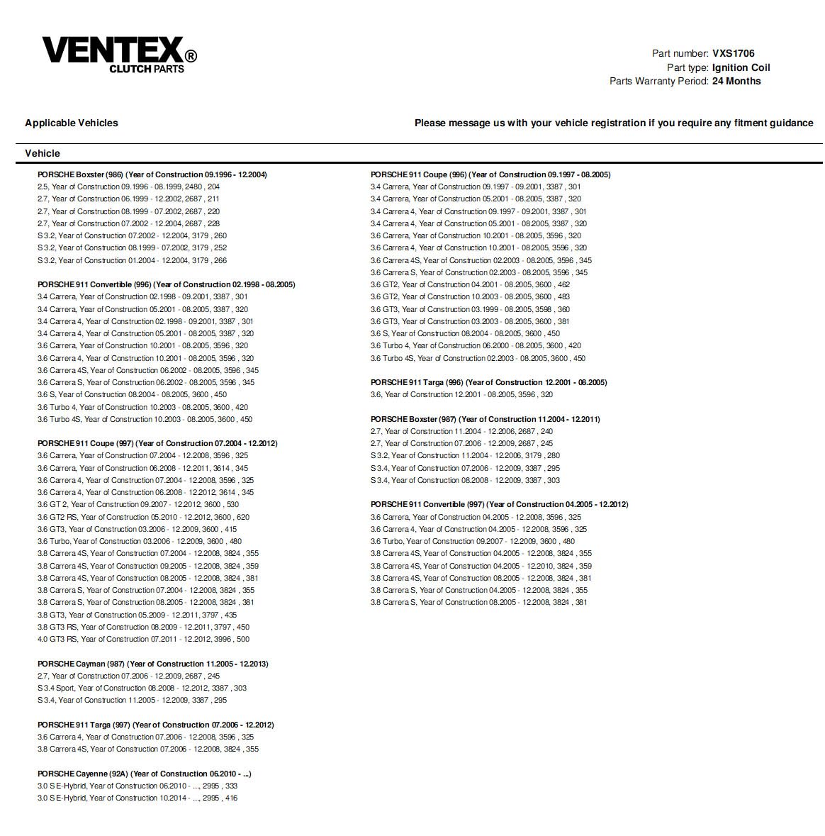 VENTEX® Ignition Coil Pack x6 for Porsche 911 Boxster Cayman 996 997 986 987 2.5 2.7 3.2 3.4 3.6 VXS1706SETOF6A