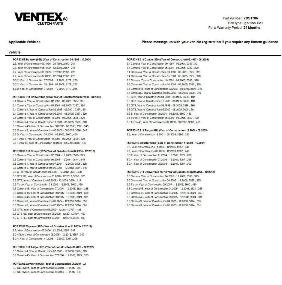 VENTEX® Ignition Coil Pack x6 for Porsche 911 Boxster Cayman 996 997 986 987 2.5 2.7 3.2 3.4 3.6 VXS1706SETOF6A