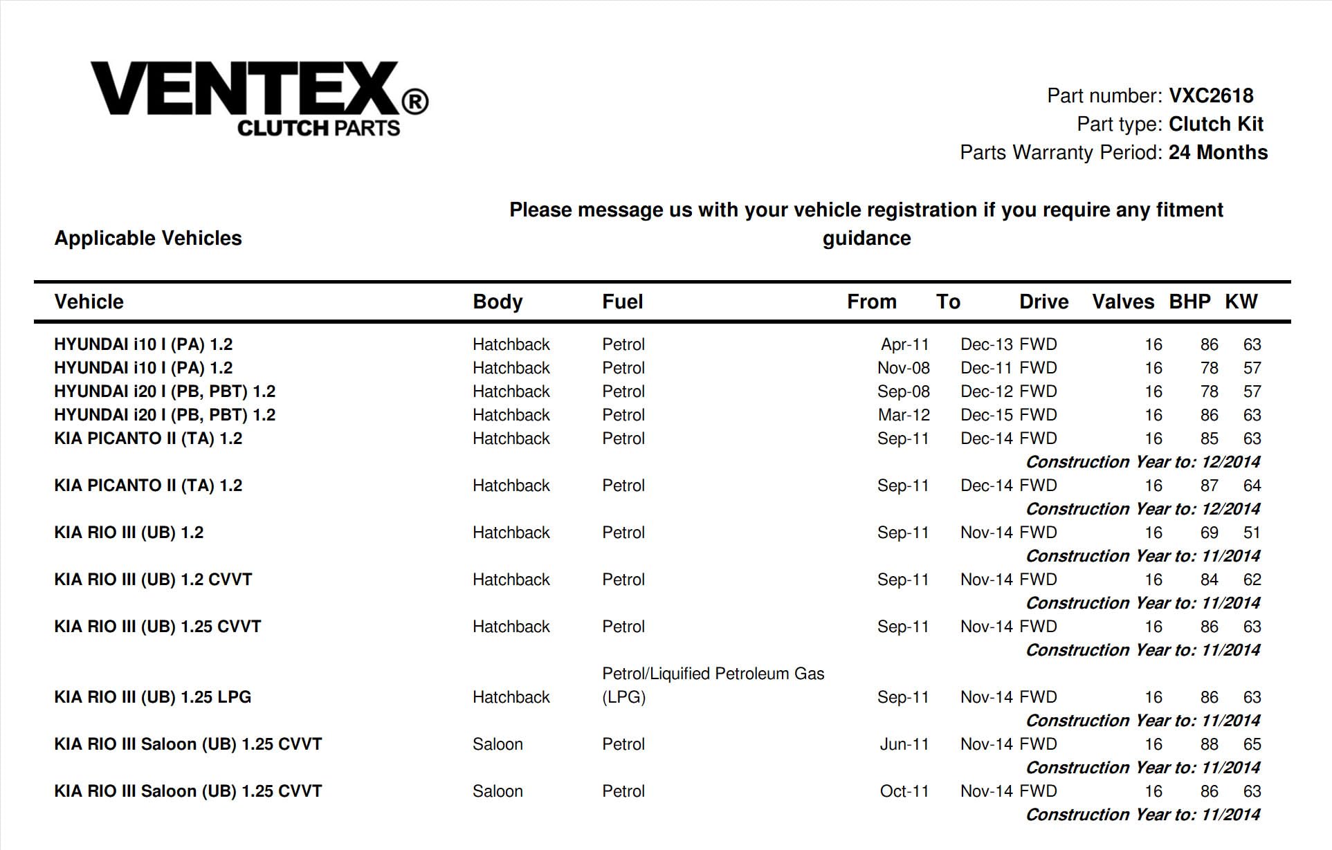 VENTEX® Clutch Kit for Hyundai i10 i20 Kia Rio Picanto 1.2 2008-2015 petrol VXC2618A
