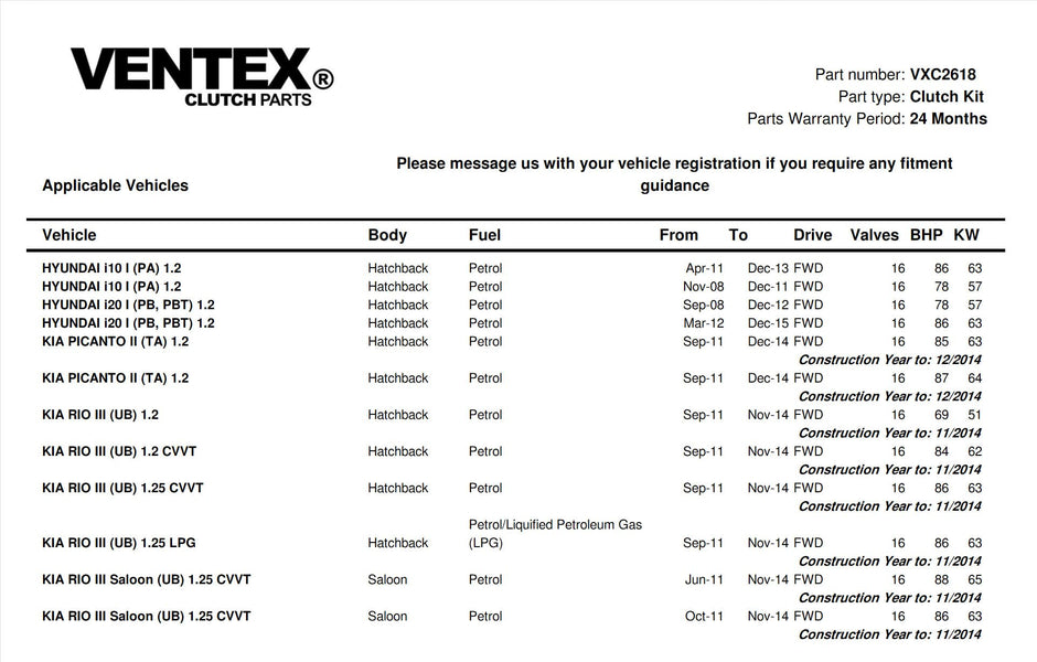 VENTEX® Clutch Kit for Hyundai i10 i20 Kia Rio Picanto 1.2 2008-2015 petrol VXC2618A