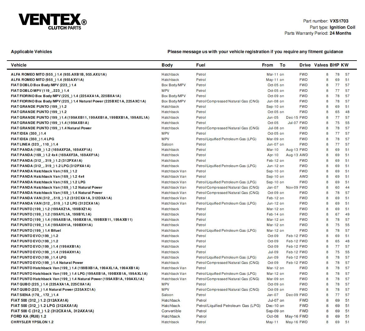 VENTEX® Ignition Coil Pack for Fiat 500 Punto Ford Ka 1.2 1.4 8V including bolts VXS1703A