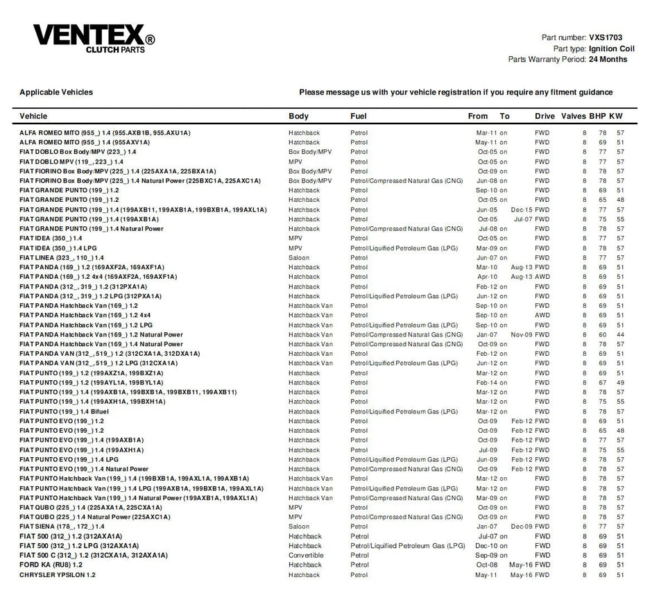VENTEX® Ignition Coil Pack for Fiat 500 Punto Ford Ka 1.2 1.4 8V including bolts VXS1703A