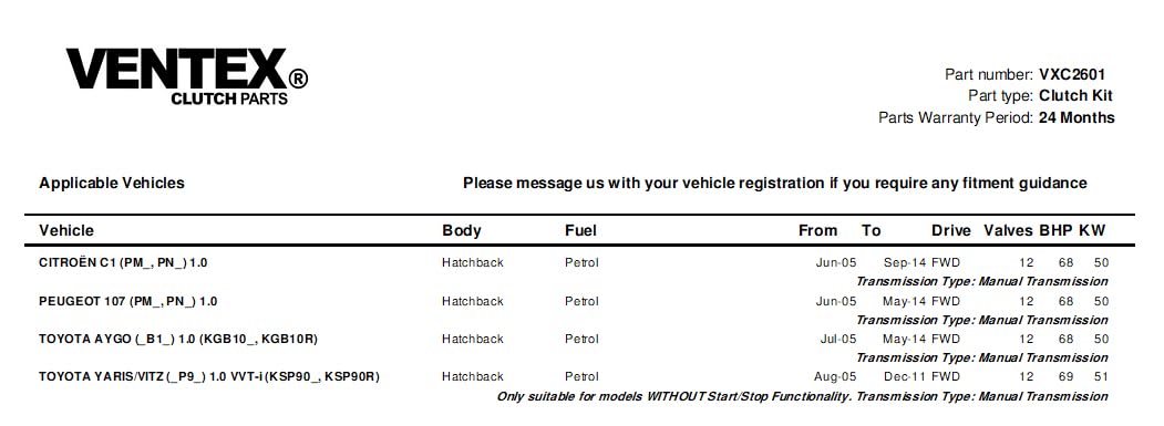 VENTEX® Clutch Kit for Toyota Aygo Peugeot 107 Citroen C1 2005-2014 1.0 petrol VXC2601A