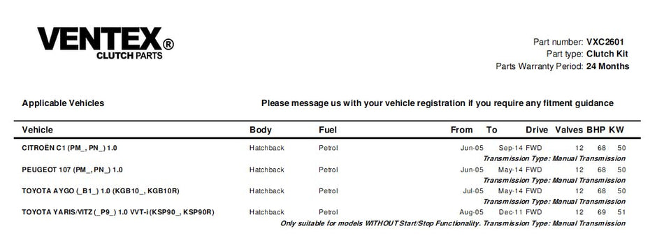 VENTEX® Clutch Kit for Toyota Aygo Peugeot 107 Citroen C1 2005-2014 1.0 petrol VXC2601A